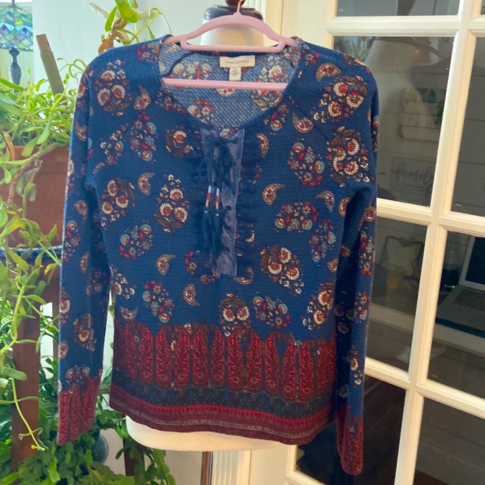 Vintage America waffle knit top with velvet lace and tassels sz. M